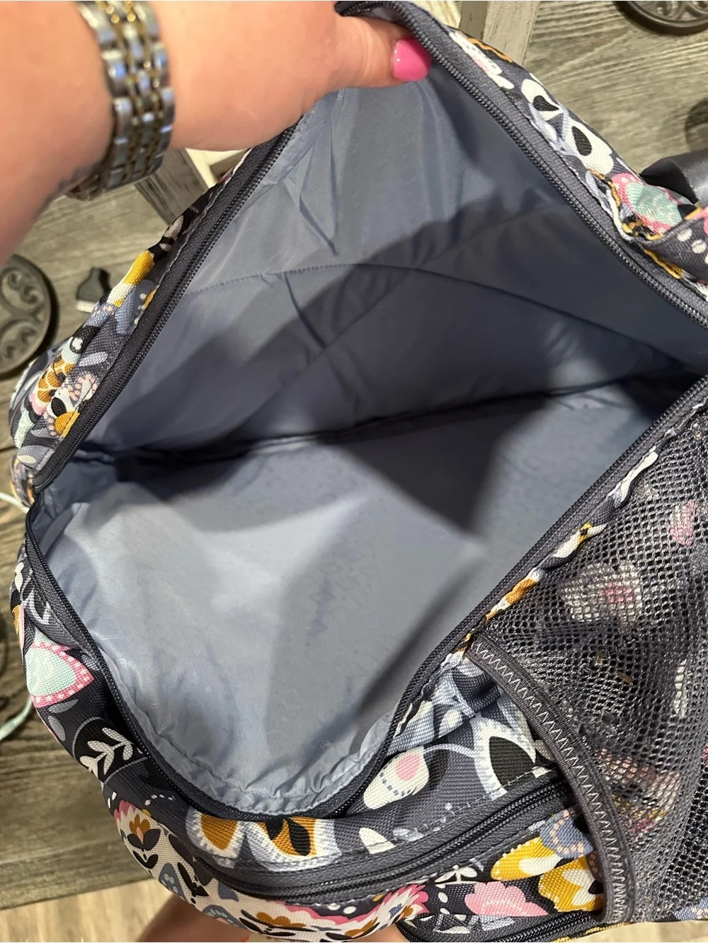 Vera Bradley Large Navy Floral Backpack with Pink, Yellow and Gray Accents
